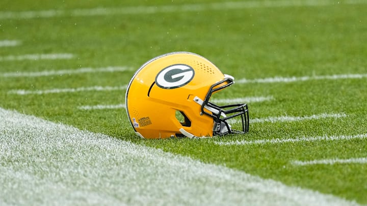 Oct 13, 2024; Green Bay, Wisconsin, USA;  General view of an Green Bay Packers helmet prior to the game against the Arizona Cardinals at Lambeau Field. Mandatory Credit: Jeff Hanisch-Imagn Images