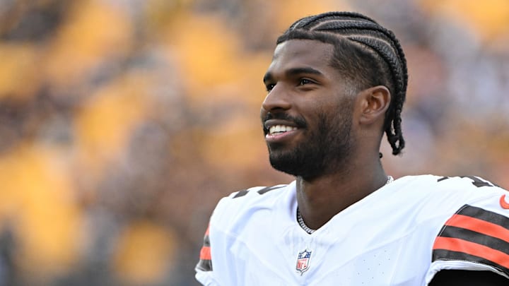 Cleveland Browns quarterback Shedeur Sanders (12) watches the action against the Pittsburgh Steelers during the fourth quarter at Acrisure Stadium.