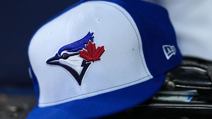Nov 1, 2025; Toronto, Ontario, CAN; A detailed view of a Toronto Blue Jays hat in the sixth inning for game seven of the 2025 MLB World Series at Rogers Centre. 