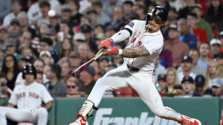 Boston, Massachusetts, USA; Boston Red Sox left fielder Jarren Duran (16) breaks his bat during the seventh inning against the Tampa Bay Rays at Fenway Park.
