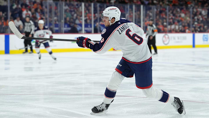 Mar 14, 2026; Philadelphia, Pennsylvania, USA; Columbus Blue Jackets defenseman Egor Zamula (6) shoots the puck against the Philadelphia Flyers in the first period at Xfinity Mobile Arena. Mandatory Credit: Kyle Ross-Imagn Images