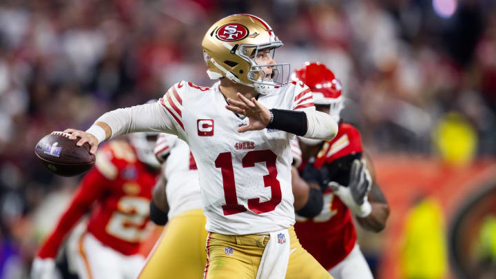 Feb 11, 2024; Paradise, Nevada, USA; San Francisco 49ers quarterback Brock Purdy (13) throws a pass against the Kansas City Chiefs in the second half in Super Bowl LVIII at Allegiant Stadium. Mandatory Credit: Mark J. Rebilas-USA TODAY Sports Feb 11, 2024; Paradise, Nevada, USA; San Francisco 49ers quarterback Brock Purdy (13) throws a pass against the Kansas City Chiefs in the second half in Super Bowl LVIII at Allegiant Stadium. Mandatory Credit: Mark J. Rebilas-USA TODAY Sports
