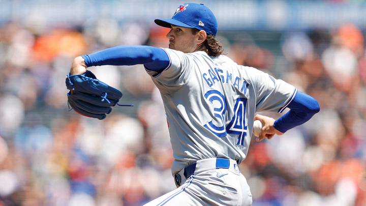 Toronto Blue Jays pitcher Kevin Gausman (34) throws a pitch at Oracle Park. Toronto Blue Jays pitcher Kevin Gausman (34) throws a pitch at Oracle Park.