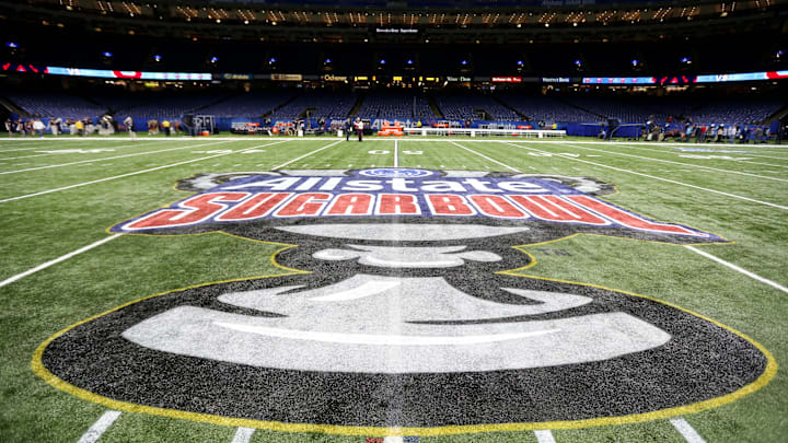 Jan 2, 2017; New Orleans , LA, USA; The Sugar Bowl logo is seen at midfield before the 2017 Sugar Bowl between the Oklahoma Sooners and the Auburn Tigers at the Mercedes-Benz Superdome. Mandatory Credit: Chuck Cook-Imagn Images