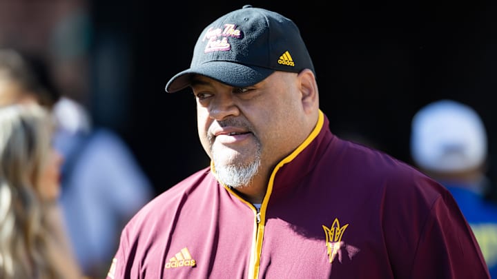 Nov 30, 2024; Tucson, Arizona, USA; Arizona State Sun Devils offensive line coach Saga Tuitele against the Arizona Wildcats during the Territorial Cup at Arizona Stadium. Mandatory Credit: Mark J. Rebilas-Imagn Images