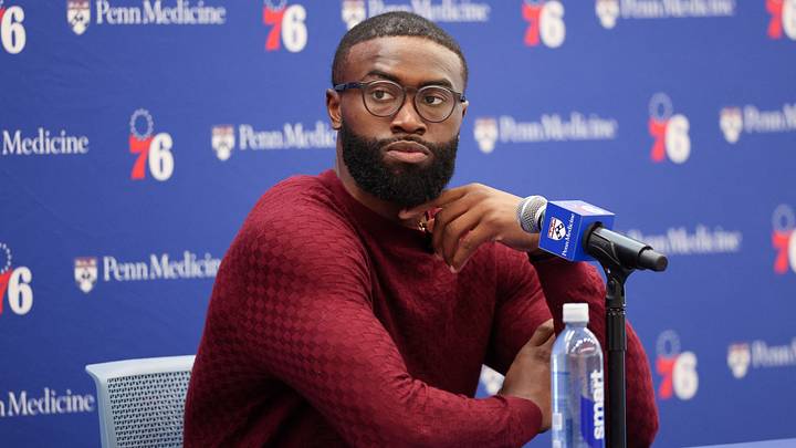 Aug 6, 2026; Camden, NJ, USA; Philadelphia 76ers guard Jaylen Brown speaks with the media during his introductory press conference at the Francis J. Myers Recreation Center. Mandatory Credit: Bill Streicher-Imagn Images