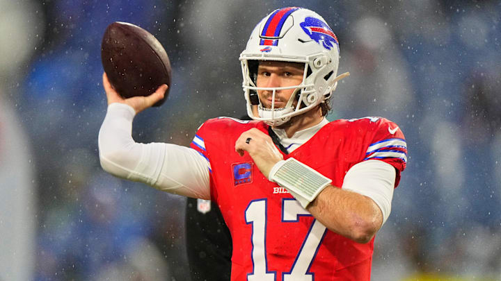 Dec 28, 2025; Orchard Park, New York, USA; Buffalo Bills quarterback Josh Allen (17) warms up before the game against the Philadelphia Eagles at Highmark Stadium.