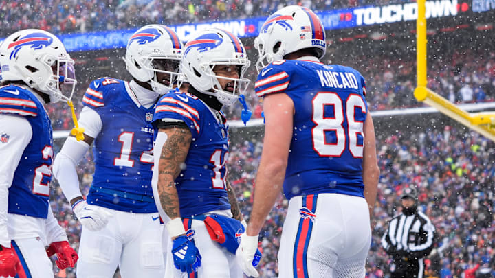 Buffalo Bills wide receiver Khalil Shakir (10) celebrates a touchdown with tight end Dalton Kincaid (86) in the second quarter against the Cincinnati Bengals at Highmark Stadium. 