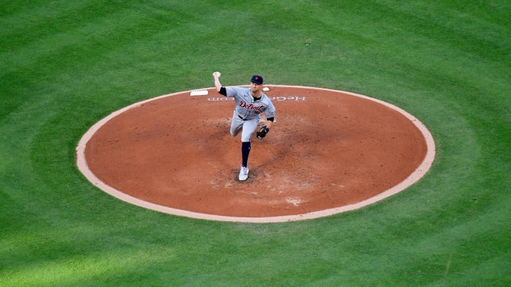 Jun 27, 2024; Anaheim, California, USA; Detroit Tigers starting pitcher Jack Flaherty (9) throws against the Los Angeles Angels during the second inning at Angel Stadium. Mandatory Credit: Gary A. Vasquez-USA TODAY Sports Jun 27, 2024; Anaheim, California, USA; Detroit Tigers starting pitcher Jack Flaherty (9) throws against the Los Angeles Angels during the second inning at Angel Stadium. Mandatory Credit: Gary A. Vasquez-USA TODAY Sports