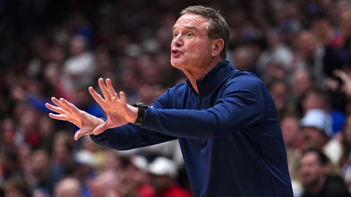 Jan 13, 2026; Lawrence, Kansas, USA; Kansas Jayhawks head coach Bill Self reacts during the first half against the Iowa State Cyclones at Allen Fieldhouse. Mandatory Credit: Jay Biggerstaff-Imagn Images