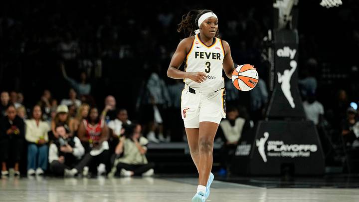 Sep 27, 2026; Las Vegas, Nevada, USA;  Indiana Fever guard Raven Johnson (3) dribbles the ball against the Las Vegas Aces during the third quarter of game one of the first round for the 2026 WNBA Playoffs at Michelob Ultra Arena.  Mandatory Credit: Lucas Peltier-Imagn Images