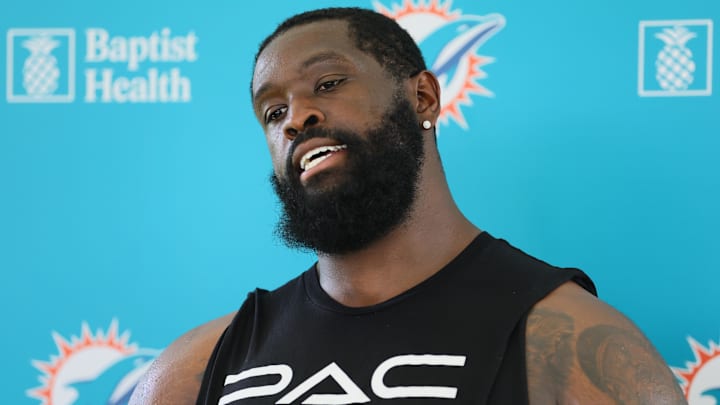 Miami Dolphins offensive tackle Terron Armstead (72) talks to reporters after joint practice with the Washington Commanders at Baptist Health Training Complex last summer. Miami Dolphins offensive tackle Terron Armstead (72) talks to reporters after joint practice with the Washington Commanders at Baptist Health Training Complex last summer.