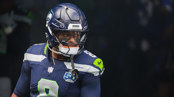 Sep 7, 2025; Seattle, Washington, USA; Seattle Seahawks safety Coby Bryant (8) stands outside the tunnel during player introductions against the San Francisco 49ers at Lumen Field. Mandatory Credit: Joe Nicholson-Imagn Images