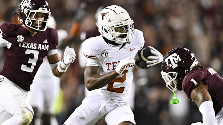 Nov 30, 2024; College Station, Texas, USA; Texas Longhorns wide receiver Matthew Golden (2) runs the ball during the second half against the Texas A&M Aggies. The Longhorns defeated the Aggies 17-7 at Kyle Field.