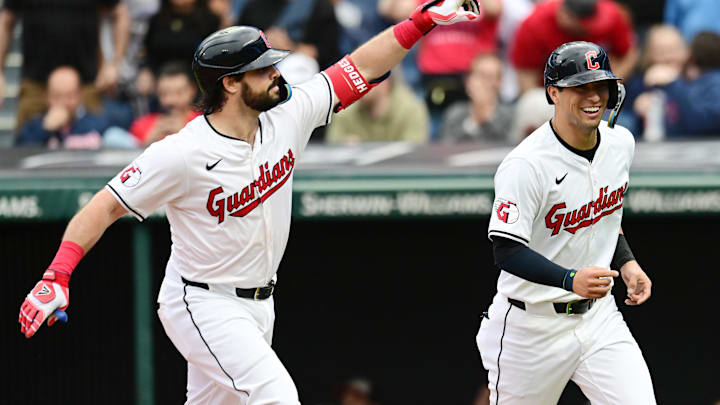 May 4, 2024; Cleveland, Ohio, USA; Cleveland Guardians catcher Austin Hedges, left, and center fielder Tyler Freeman (2) celebrate after Hedges hit a home run during the second inning against the Los Angeles Angels at Progressive Field. Mandatory Credit: Ken Blaze-Imagn Images May 4, 2024; Cleveland, Ohio, USA; Cleveland Guardians catcher Austin Hedges, left, and center fielder Tyler Freeman (2) celebrate after Hedges hit a home run during the second inning against the Los Angeles Angels at Progressive Field. Mandatory Credit: Ken Blaze-Imagn Images