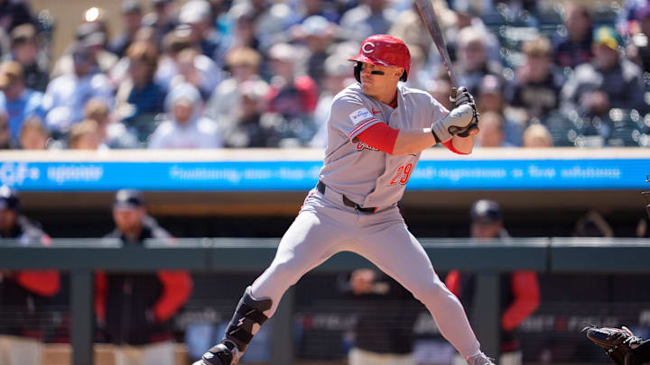 Apr 19, 2026; Minneapolis, Minnesota, USA; Cincinnati Reds center fielder TJ Friedl (29) at bat against Minnesota Twins starting pitcher Bailey Ober (17) in the first inning at Target Field. Mandatory Credit: Matt Blewett-Imagn Images