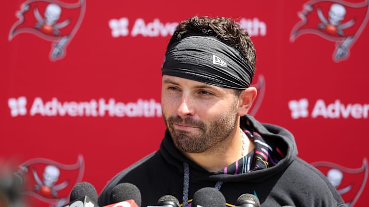 Tampa Bay Buccaneers quarterback Baker Mayfield (6) gives a press conference after mini camp at AdventHealth Training Center. Tampa Bay Buccaneers quarterback Baker Mayfield (6) gives a press conference after mini camp at AdventHealth Training Center.