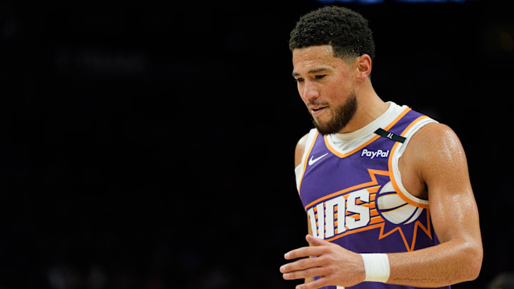 Nov 2, 2024; Phoenix, Arizona, USA; Phoenix Suns guard Devin Booker (1) reacts during the first half during a game against the Portland Trail Blazers at Footprint Center. Mandatory Credit: Allan Henry-Imagn Images Nov 2, 2024; Phoenix, Arizona, USA; Phoenix Suns guard Devin Booker (1) reacts during the first half during a game against the Portland Trail Blazers at Footprint Center. Mandatory Credit: Allan Henry-Imagn Images
