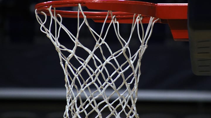 A basketball hoop is pictured at the University of North Florida's UNF Arena on February 28, 2022. [Clayton Freeman/Florida Times-Union] Basketball Hoop Stock Jax