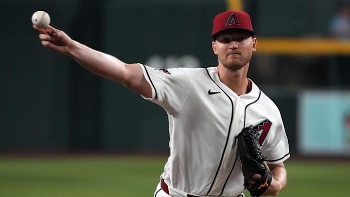 Mar 30, 2026; Phoenix, Arizona, USA; Arizona Diamondbacks pitcher Michael Soroka (34) throws against the Detroit Tigers in the first inning at Chase Field. Mandatory Credit: Rick Scuteri-Imagn Images
