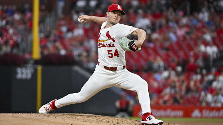 Sep 18, 2024; St. Louis, Missouri, USA;  St. Louis Cardinals starting pitcher Sonny Gray (54) pitches against the Pittsburgh Pirates during the second inning at Busch Stadium. Mandatory Credit: Jeff Curry-Imagn Images
