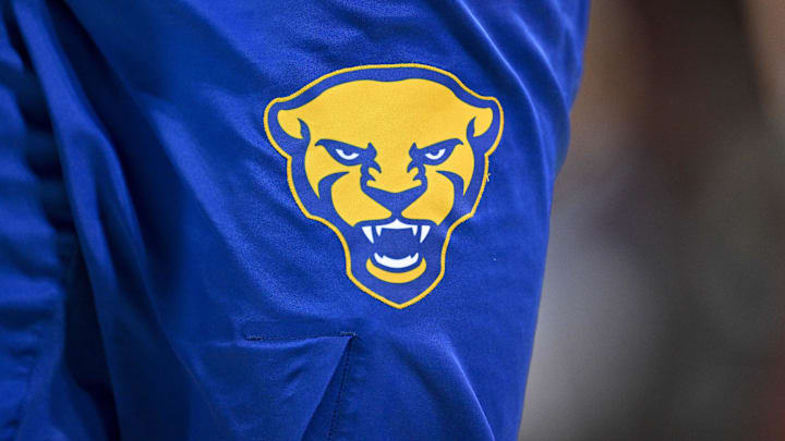 Feb 11, 2025; Dallas, Texas, USA; A view of the logo of the Pittsburgh Panthers during the second half against the Southern Methodist Mustangs at Moody Coliseum. Mandatory Credit: Jerome Miron-Imagn Images Feb 11, 2025; Dallas, Texas, USA; A view of the logo of the Pittsburgh Panthers during the second half against the Southern Methodist Mustangs at Moody Coliseum. Mandatory Credit: Jerome Miron-Imagn Images