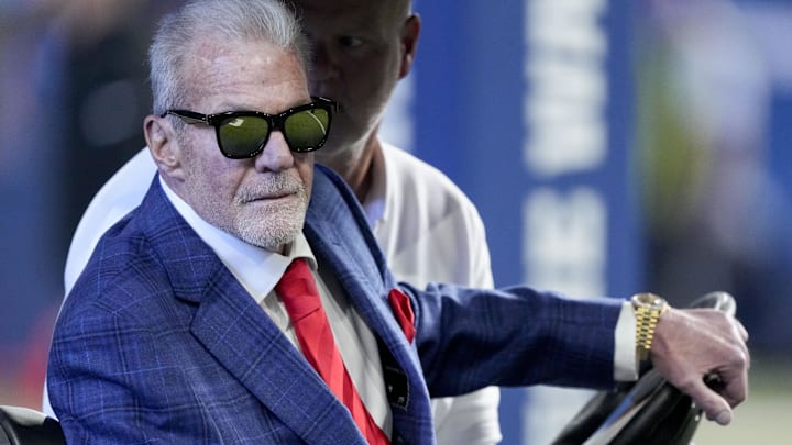 Oct 20, 2024; Indianapolis, Indiana, USA; Indianapolis Colts owner Jim Irsay sits in a golf cart during a Ring of Honor ceremony for Dallas Clark during a game against the Miami Dolphins at Lucas Oil Stadium. Mandatory Credit: Grace Hollars/IndyStar USA TODAY Network via Imagn Images