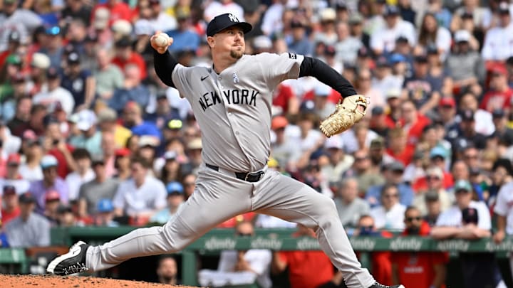 Jun 15, 2025; Boston, Massachusetts, USA; New York Yankees relief pitcher Mark Leiter Jr. (56) pitches against the Boston Red Sox during the eighth inning at Fenway Park. Mandatory Credit: Eric Canha-Imagn Images