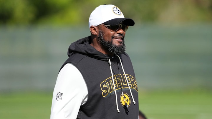 Sep 26, 2025; Maynooth, Ireland; Pittsburgh Steelers coach Mike Tomlin during practice at Carton House. Mandatory Credit: Kirby Lee-Imagn Images