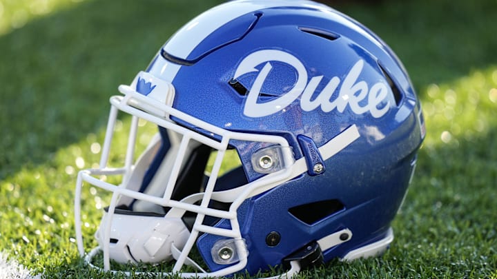 Sep 3, 2021; Charlotte, North Carolina, USA; Duke Blue Devils helmet during pregame activities before the start against the Charlotte 49ers at Jerry Richardson Stadium. Mandatory Credit: Jim Dedmon-USA TODAY Sports