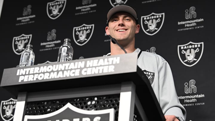 Apr 26, 2024; Henderson, NV, USA; Las Vegas Raiders tight end Brock Bowers speaks to the media at Intermountain Health Performance Center in Henderson, NV. Mandatory Credit: Candice Ward-USA TODAY Sports Apr 26, 2024; Henderson, NV, USA; Las Vegas Raiders tight end Brock Bowers speaks to the media at Intermountain Health Performance Center in Henderson, NV. Mandatory Credit: Candice Ward-USA TODAY Sports