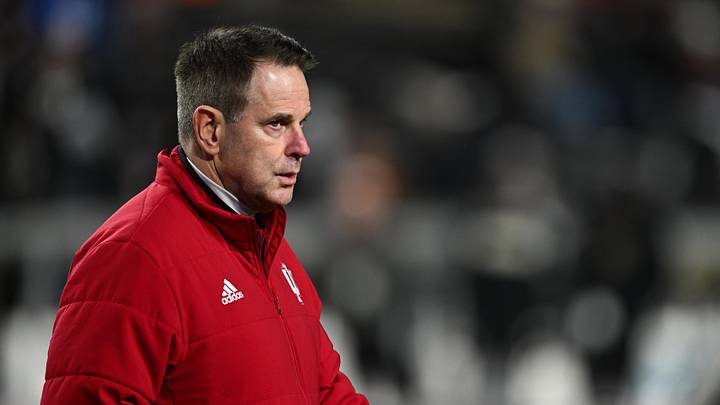 Nov 28, 2025; West Lafayette, Indiana, USA;  Indiana Hoosiers head coach Curt Cignetti looks on before the game against the Purdue Boilermakers at Ross-Ade Stadium. Mandatory Credit: Marc Lebryk-Imagn Images