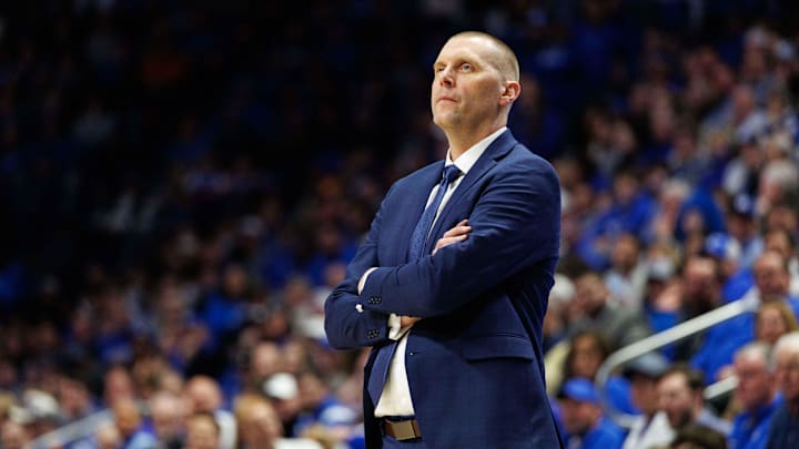 Feb 11, 2025; Lexington, Kentucky, USA; Kentucky Wildcats head coach Mark Pope looks on during the first half against the Tennessee Volunteers at Rupp Arena at Central Bank Center. Mandatory Credit: Jordan Prather-Imagn Images