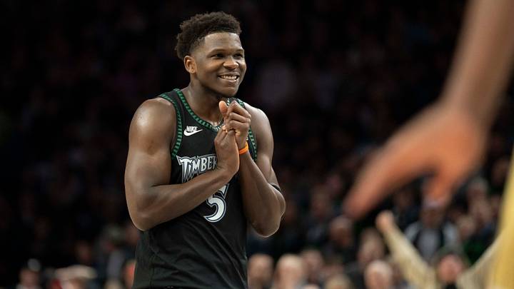 Feb 6, 2026; Minneapolis, Minnesota, USA; Minnesota Timberwolves guard Anthony Edwards (5) smiles against the New Orleans Pelicans in the second half at Target Center. Mandatory Credit: Jesse Johnson-Imagn Images