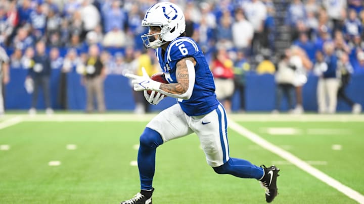 Oct 26, 2025; Indianapolis, Indiana, USA;  Indianapolis Colts wide receiver Anthony Gould (6) runs after making a catch during the first quarter against the Tennessee Titans at Lucas Oil Stadium. Mandatory Credit: Robert Goddin-Imagn Images
