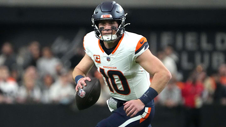 Nov 24, 2024; Paradise, Nevada, USA; Denver Broncos quarterback Bo Nix (10) throws the ball against the Las Vegas Raiders in the first quarter at Allegiant Stadium. Mandatory Credit: Kirby Lee-Imagn Images