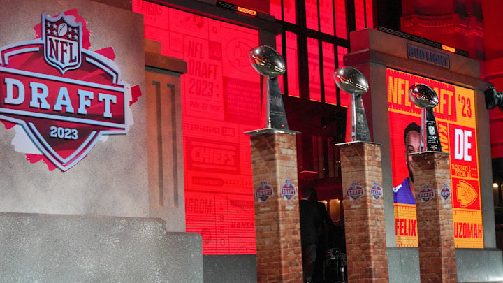 Apr 27, 2023; Kansas City, MO, USA; Kansas City Chiefs' Vince Lombardi Trophies on display after the Chiefs' 31st overall pick in the first round of the 2023 NFL Draft at Union Station. Mandatory Credit: Kirby Lee-Imagn Images