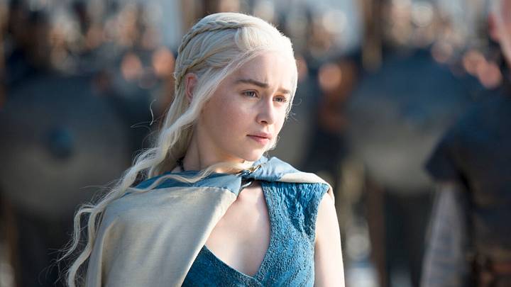 Emilia Clarke (Daenerys Targaryen), Ian McElhinney (Barristan Selmy), and Michiel Huisman (Daario Naharis) in Game of Thrones season 4. Courtesy of HBO.