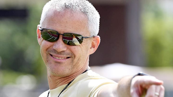 Apr 20, 2024; Tallahassee, Florida, USA; Florida State Seminoles head coach Mike Norvell smiles during the Spring Showcase at Doak S. Campbell Stadium. Mandatory Credit: Melina Myers-Imagn Images
