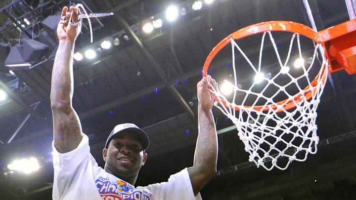Mar 13, 2010; Kansas City, MO, USA; Kansas Jayhawks guard Sherron Collins holds up a piece of the net after the finals of the mens Big 12 Tournament against the Kansas State Wildcats at the Sprint Center. The Jayhawks defeated the Wildcats 72-64. Mandatory Credit: Ron Chenoy-Imagn Images Mar 13, 2010; Kansas City, MO, USA; Kansas Jayhawks guard Sherron Collins holds up a piece of the net after the finals of the mens Big 12 Tournament against the Kansas State Wildcats at the Sprint Center. The Jayhawks defeated the Wildcats 72-64. Mandatory Credit: Ron Chenoy-Imagn Images