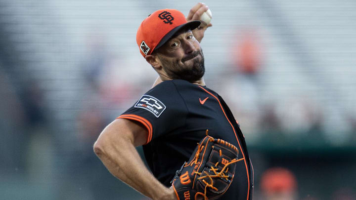 Mar 24, 2025; San Francisco, California, USA; San Francisco Giants starting pitcher Robbie Ray (38) delivers a pitch against the Detroit Tigers during the first inning at Oracle Park.