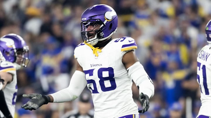 Jan 13, 2025; Glendale, AZ, USA; Minnesota Vikings linebacker Jonathan Greenard (58) against the Los Angeles Rams during an NFC wild card game at State Farm Stadium. Mandatory Credit: Mark J. Rebilas-Imagn Images
