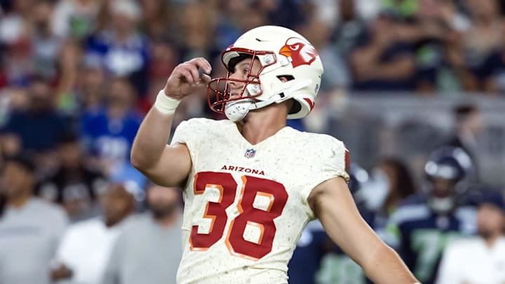 Sep 25, 2025; Glendale, Arizona, USA; Arizona Cardinals kicker Chad Ryland (38) against the Seattle Seahawks at State Farm Stadium. Mandatory Credit: Mark J. Rebilas-Imagn Images Sep 25, 2025; Glendale, Arizona, USA; Arizona Cardinals kicker Chad Ryland (38) against the Seattle Seahawks at State Farm Stadium. Mandatory Credit: Mark J. Rebilas-Imagn Images