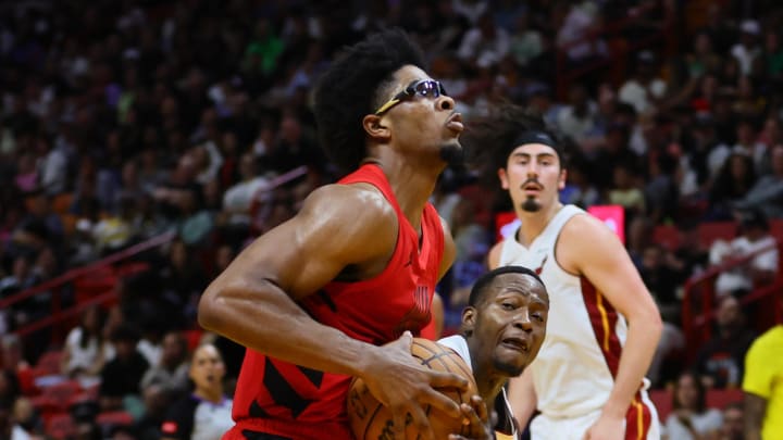 Mar 29, 2024; Miami, Florida, USA; Portland Trail Blazers guard Scoot Henderson (00) drives to the