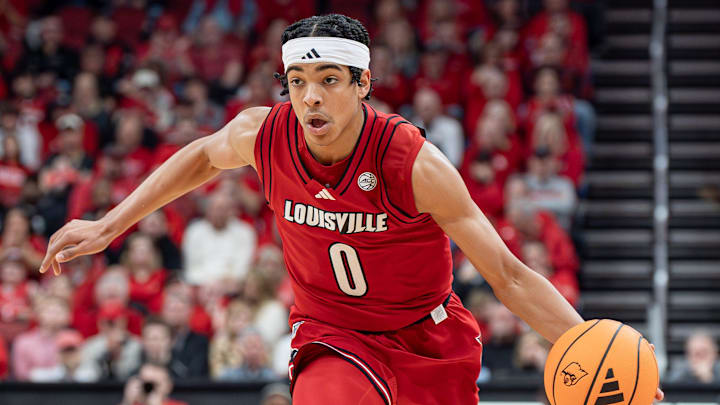 Louisville Cardinals guard Mikel Brown Jr. (0) drives to the basket as the Louisville Cardinals host the Georgia Tech Yellow Jackets in an NCAA basketball game at the KFC Yum! Center, Saturday, Feb. 21, 2026, in Louisville.