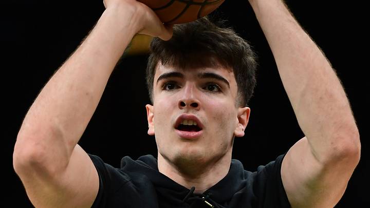 Mar 4, 2026; Boston, Massachusetts, USA; Boston Celtics guard Hugo Gonzalez (28) shoots the ball during warmups prior to a game against the Charlotte Hornets at TD Garden. Mandatory Credit: Bob DeChiara-Imagn Images