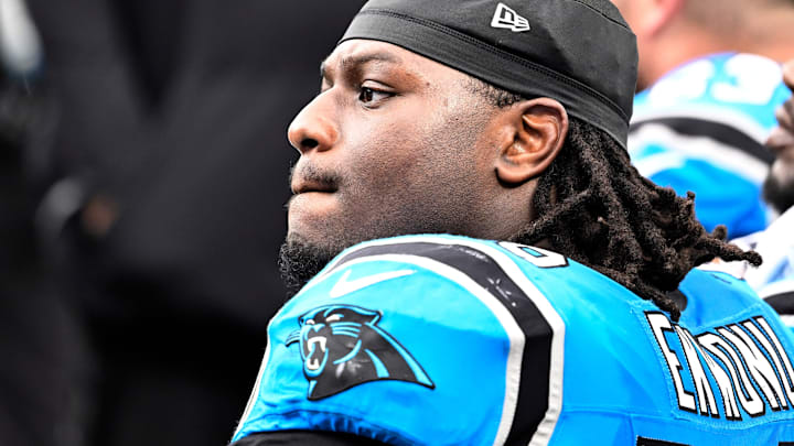 Oct 26, 2025; Charlotte, North Carolina, USA; Carolina Panthers offensive tackle Ikem Ekwonu (79) on the bench in the fourth quarter against the Buffalo Bills at Bank of America Stadium. Oct 26, 2025; Charlotte, North Carolina, USA; Carolina Panthers offensive tackle Ikem Ekwonu (79) on the bench in the fourth quarter against the Buffalo Bills at Bank of America Stadium.