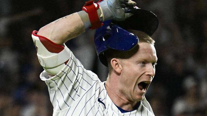 Jun 4, 2026; Chicago, Illinois, USA;  Chicago Cubs center fielder Pete Crow-Armstrong (4) reacts after hitting a walk off RBI single against the Oakland Athletics during the ninth inning at Wrigley Field. Mandatory Credit: Matt Marton-Imagn Images