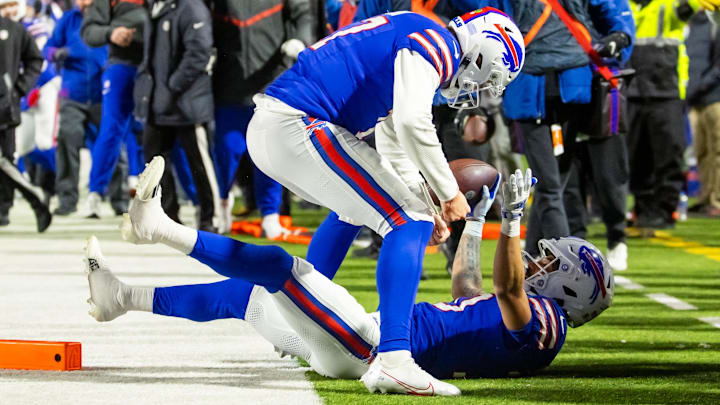 Jan 21, 2024; Orchard Park, New York, USA; Buffalo Bills quarterback Josh Allen (17) reacts with wide receiver Khalil Shakir (10) after throwing a touchdown pass against the Kansas City Chiefs during the second half for the 2024 AFC divisional round game at Highmark Stadium
