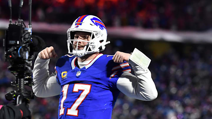 Jan 21, 2024; Orchard Park, New York, USA; Buffalo Bills quarterback Josh Allen (17) reacts after scoring a touchdown against the Kansas City Chiefs in the first half of the 2024 AFC divisional round game at Highmark Stadium. Mandatory Credit: Mark Konezny-Imagn Images Jan 21, 2024; Orchard Park, New York, USA; Buffalo Bills quarterback Josh Allen (17) reacts after scoring a touchdown against the Kansas City Chiefs in the first half of the 2024 AFC divisional round game at Highmark Stadium. Mandatory Credit: Mark Konezny-Imagn Images